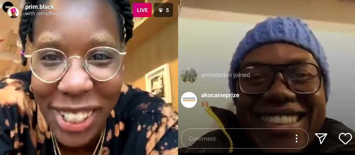 CainePrize's tweet photo. Happening NOW !!!!  🎉😊🙌🏿❤️ OKHA Instagram Live Series with AKO @CainePrize finalist @remythequill talking to K Bailey Obazee @drybabes !
Tune in below: https://t.co/n5H6e51HfT https://t.co/0cyQvvY9Et