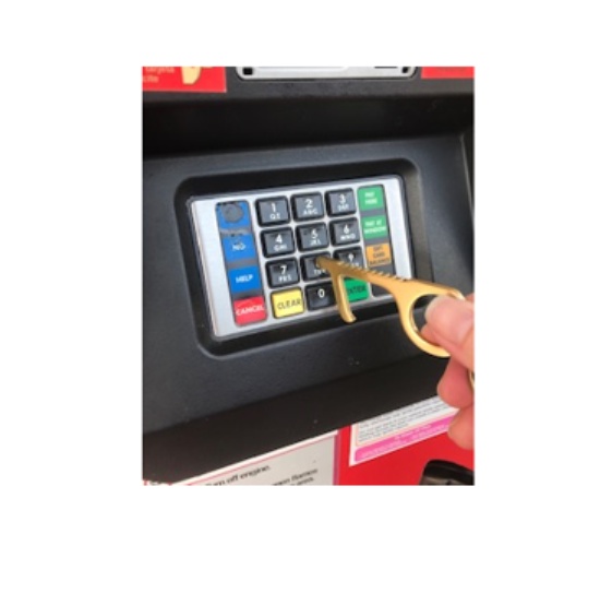 PromoKat1's tweet photo. As you can see, this gas station key pad gets touched A LOT! My Covid Key is here to save the day!  Made out of antimicrobial brass this useful tool can be used on key pads, screens and the hook helps me open doors all without touching a thing!😝  Totally love! 😍 #promointhewild https://t.co/1FUqmuvaNo