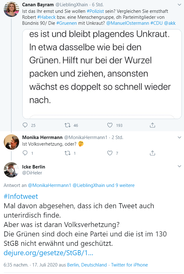 HSB_Forum's tweet photo. Cops drehen sich die "Menschengruppe" aus dem 130er eben so, wie sie ihnen gerade bequem erscheint:
- Polizisten -> Müllmenschen? Klar, Teile der Bevölkerung! Eindeutig der 130 StGB!
- Grüne -> Unkraut? Aber die Grünen sind doch nicht erwähnt.
@.DiHeler 🚀
#CopOps https://t.co/yGkPkgw7QA
