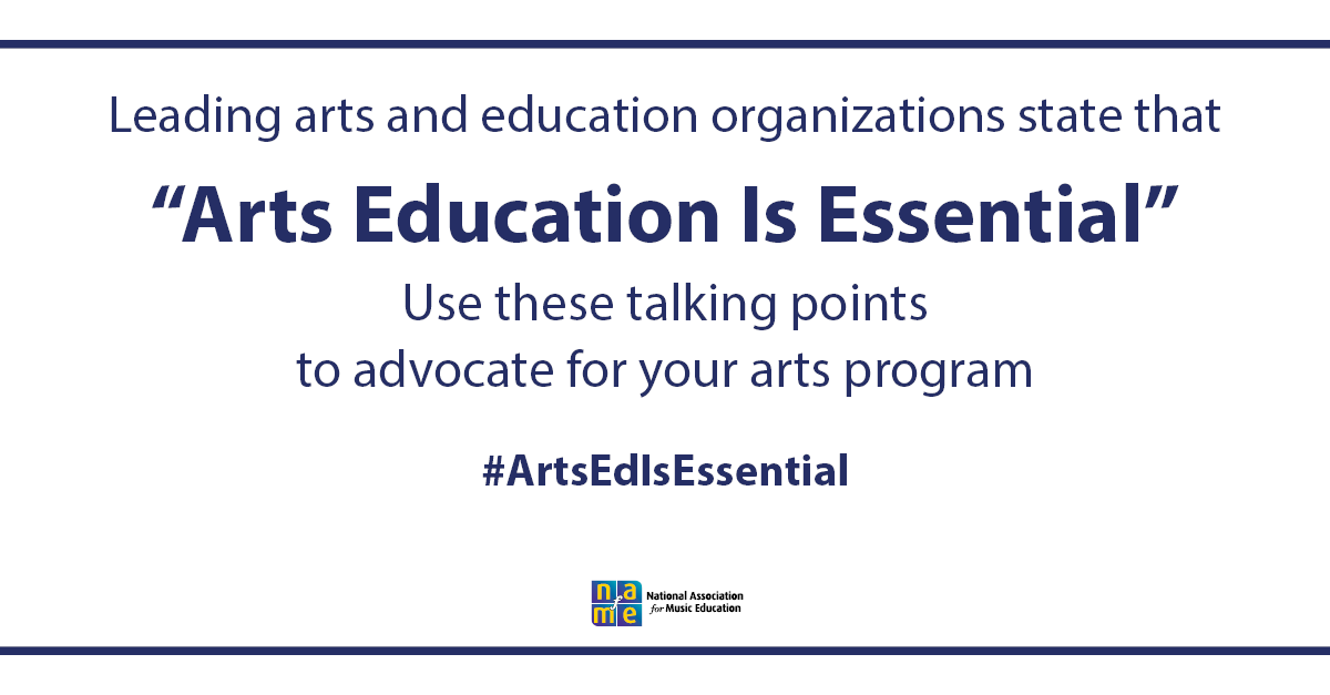 NAfME's tweet photo. We stand with educators and other stakeholders in a clear statement that “Arts Education Is Essential.” Use these talking points in your advocacy: https://t.co/06ay3mtVLa #ArtsEdIsEssential #musiceducation https://t.co/WOjmAtnUKz