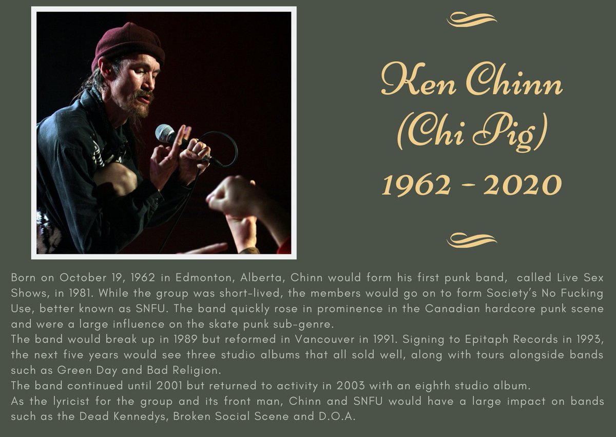 RIP to a Canadian punk icon Ken Chinn, also known as Chi Pig. Chinn and his band SNFU would be huge influences on the punk scene from the 1980s onward. 
#RIPChiPig #ChiPig #SNFU