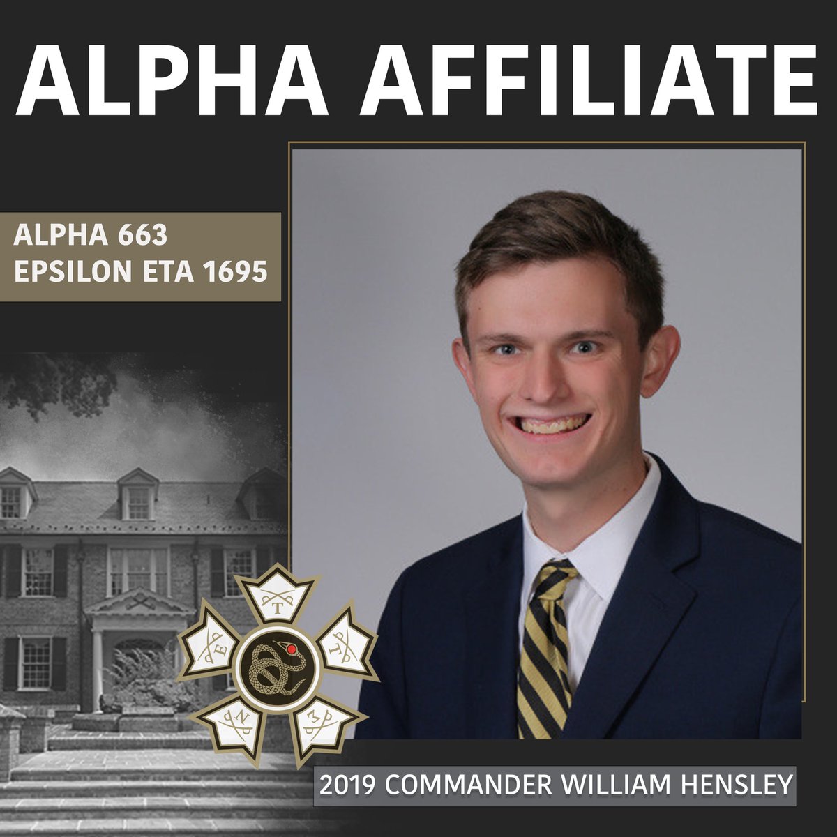 We are thrilled to announce that former Commander William Hensley was nominated to join the Alpha Alumni chapter of Sigma Nu Fraternity. Only 10 Sigma Nu’s across the country are nominated for this award, and we commend Will on his strong leadership. Congrats Will! #EH1695 #A663