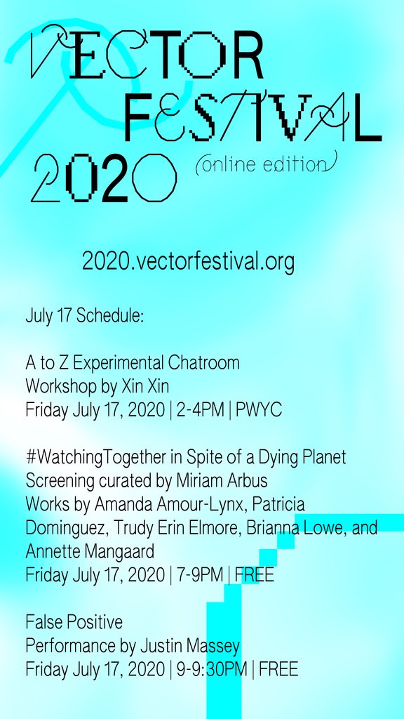 Day 2 of #VectorFestival 👾

Check out our schedule below 👇 and if you still haven’t, there is time left to sign up to today’s workshop A to Z Experimental Chatroom: bit.ly/2vYlKGN