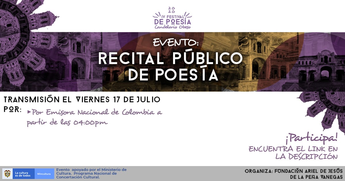 FestiPoesia's tweet photo. Especial Radial IV Festival de Poesía #CandelarioObeso
Por: Radio Nacional de Colombia
Programa travesías por las músicas colombianas de la Universidad Nacional de Colombia 
Online: https://t.co/ABxAUtwVSj 

Apoya: @RadNalCo 
#FestivalDePoesía #FestivalObeso #poesía https://t.co/Wn81uwwZZG