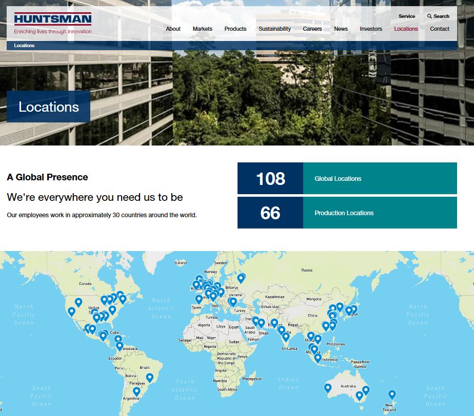 Huntsman_Corp's tweet photo. #Huntsman has more than 100 locations in 30+ countries. Find out where we do business on our new #website. #websiteweek https://t.co/KeVdZJs5WY https://t.co/NUGZnRBgNT
