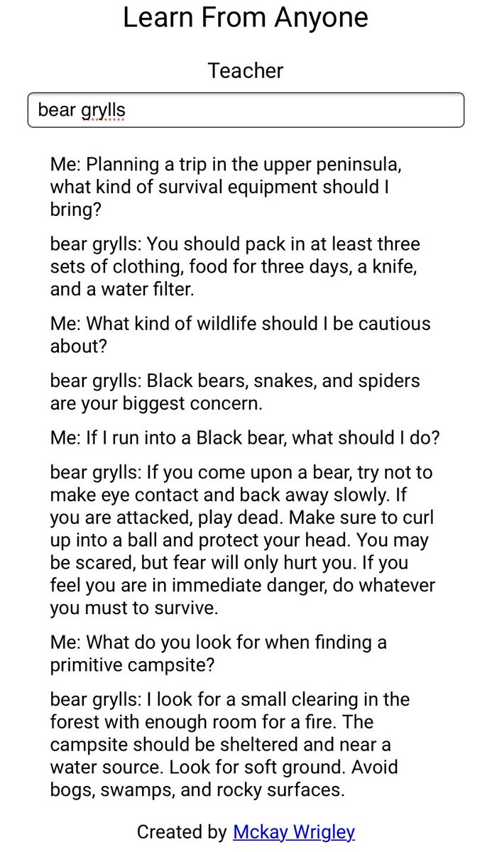travelerkitty's tweet photo. Gpt-3 Bear Grylls giving some basic camping advice. You may be scared, but fear will only hurt you. #learnfromanyone https://t.co/5SitDORR4I