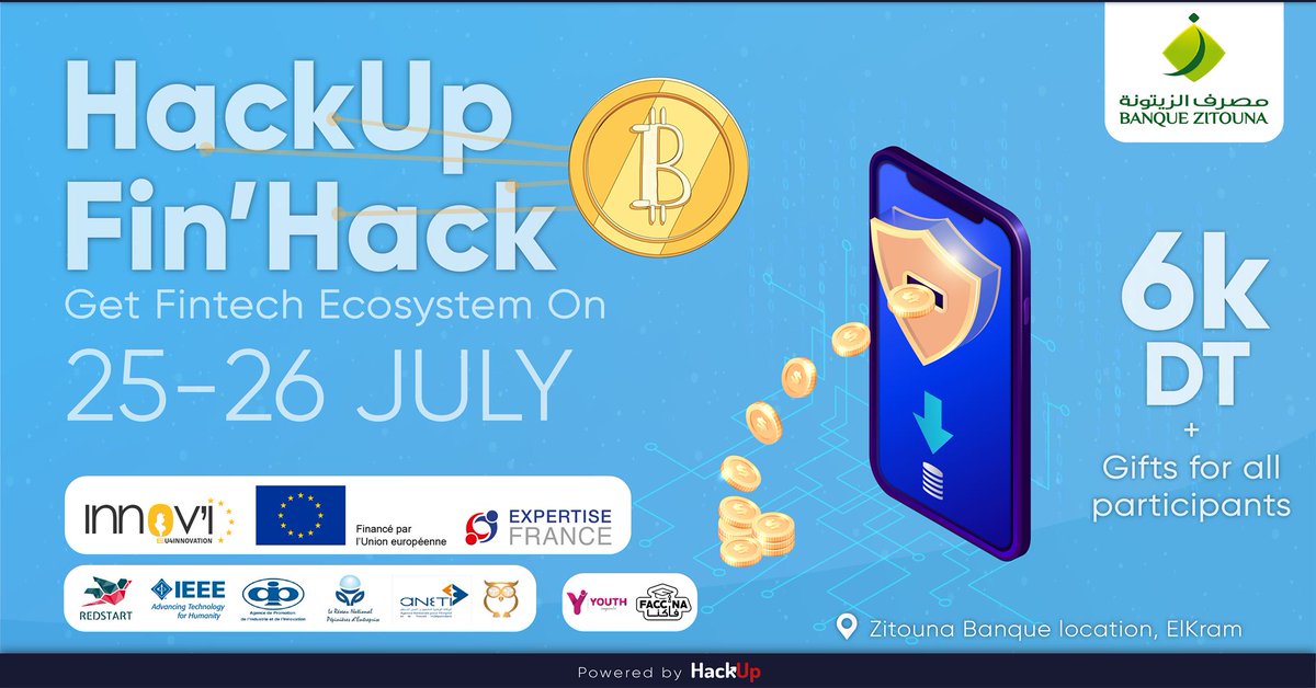Dear IEEE members, 
 
Happy to annonce our New partnership with HackUp. HackUp organizes in collaboration with Banque ZITOUNA the "HackUP Fin'hack - Get the fintech ecosystem ON ". 
FREE Registration link for IEEE Members: forms.gle/jGfhP7qdCWGRGF…
⏰ DDL: 18 July 2020 23:59