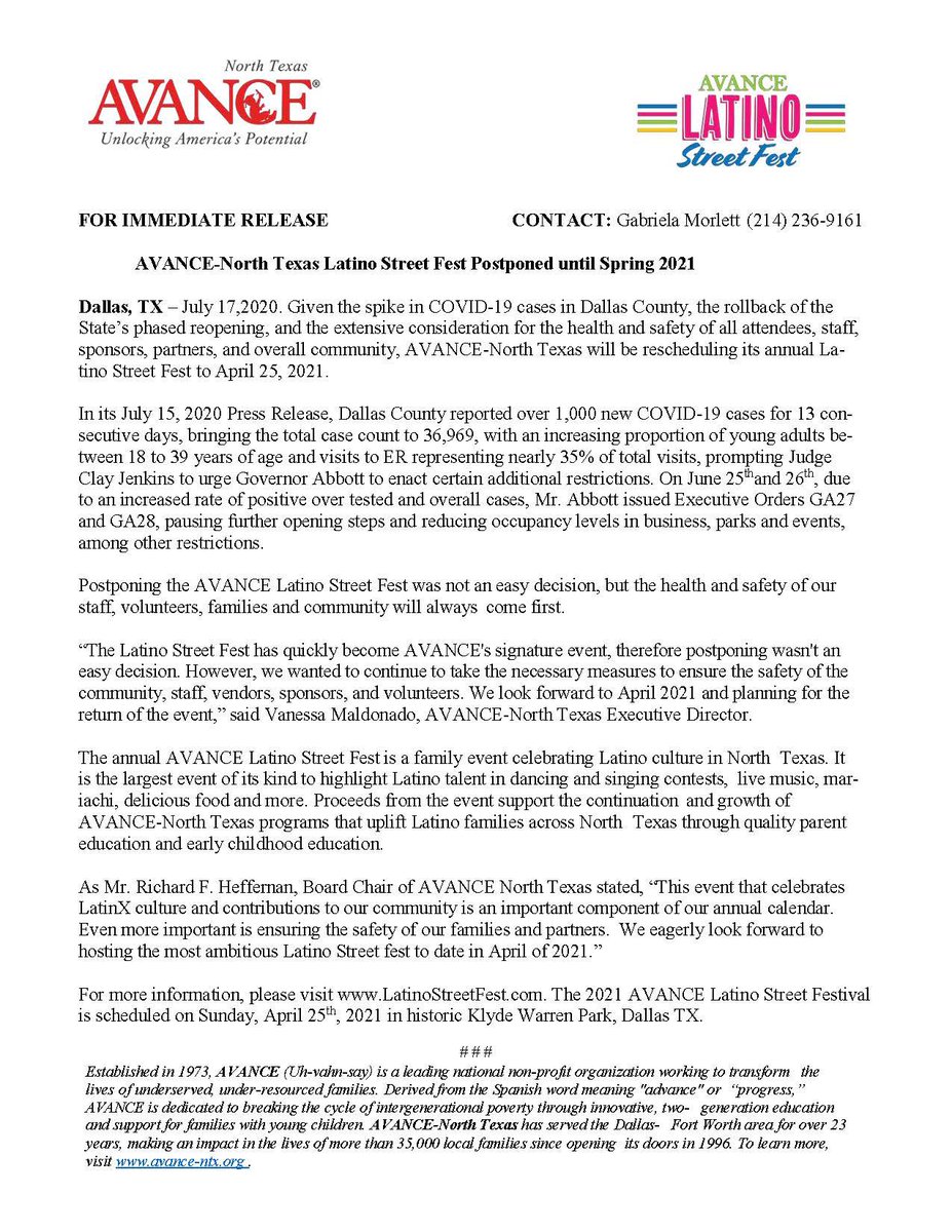 Given the spike in COVID-19 cases and our extensive consideration for the health and safety of the community, AVANCE-North Texas has made the difficult decision to postpone the Latino Street Fest to April 25, 2021. Thank you for your support and we look forward to next Spring.
