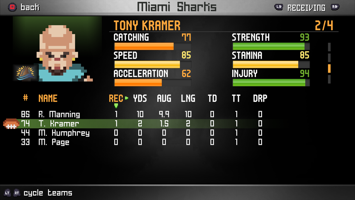 MrKingJavo's tweet photo. Nice to see player stats showing within a game!  Dang, it feels good!  Finally connecting the gameplay with some visual stats to make you feel engaged during a match.  
#legendbowl #pixelart #indiegame #indiedev #indiefootball https://t.co/0fMGky90AJ