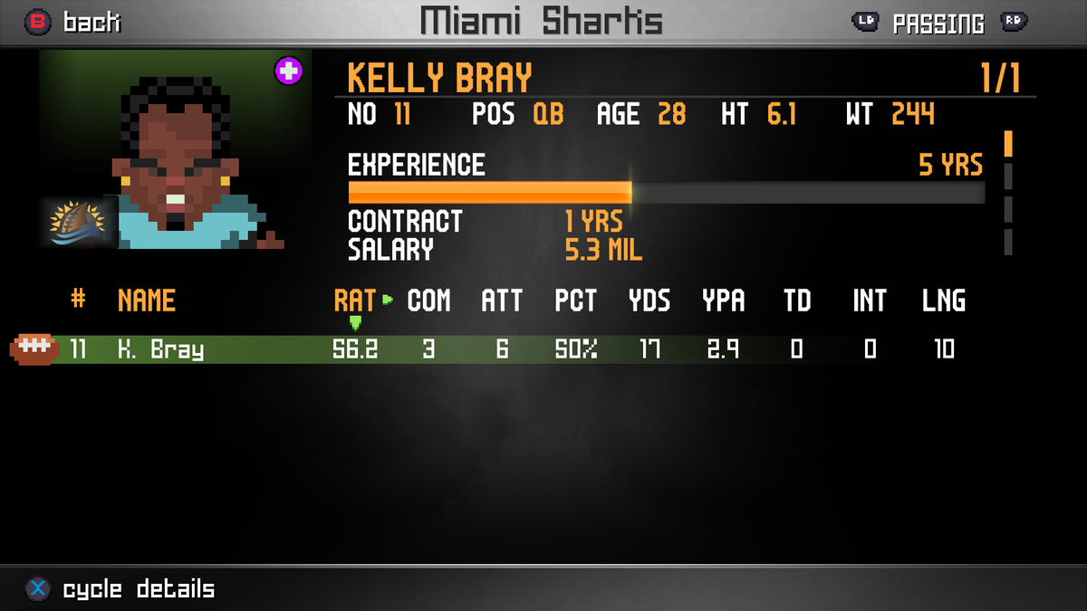 MrKingJavo's tweet photo. Nice to see player stats showing within a game!  Dang, it feels good!  Finally connecting the gameplay with some visual stats to make you feel engaged during a match.  
#legendbowl #pixelart #indiegame #indiedev #indiefootball https://t.co/0fMGky90AJ