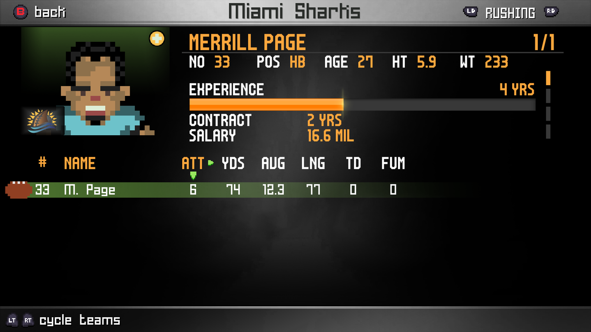 MrKingJavo's tweet photo. Nice to see player stats showing within a game!  Dang, it feels good!  Finally connecting the gameplay with some visual stats to make you feel engaged during a match.  
#legendbowl #pixelart #indiegame #indiedev #indiefootball https://t.co/0fMGky90AJ
