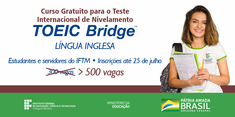 IFTMoficial's tweet photo. Até 25 de julho, inscreva-se para o Curso Preparatório para o Teste de Nivelamento TOEIC BRIDGE - Língua Inglesa. O número de vagas foi ampliado para 500!
Acesse: https://t.co/UvaIyP9m38
#SouMaisIFTM #OrgulhodeSerIFTM #FicaEmCasa #JuntosContraoCoronavírus #TOEICBridge https://t.co/v7vwE0oz4f