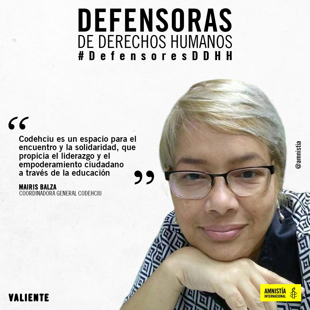 amnistia's tweet image. “@Codehciu es una organización que favorece una cultura plena de respeto de los #ddhh y que propicia el liderazgo, el empoderamiento ciudadano", así lo destacó Mairis Balza, coordinadora general de @Codehciu
 
#DefensoresDDHH

link.aiven.org/code0