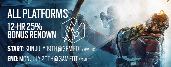 Rainbow6Game's tweet photo. Due to outages this past week there will be a bonus renown event for all platforms. 

⚡25% Bonus Renown
Platforms: ALL
 ▶ Start: SunJuly 19th @ 3 PM EDT
⏹ End: Mon July 20th @ 9 AM EDT https://t.co/woyUyA3Zl0