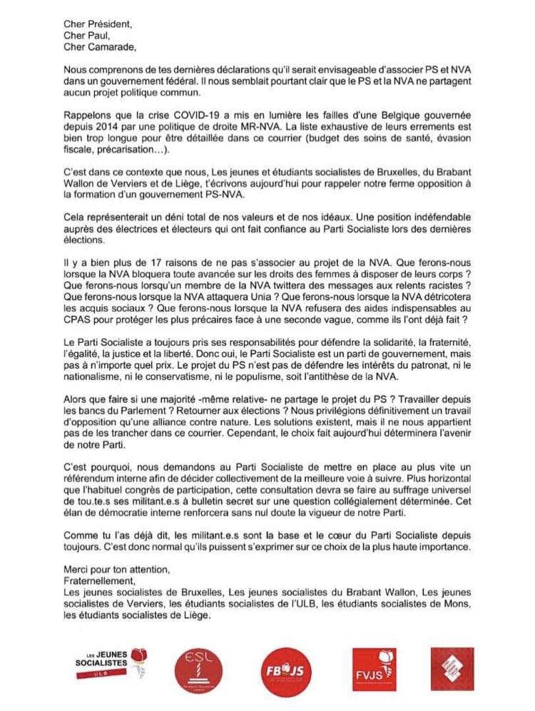 JS_BXL's tweet photo. 📣 nous avons adressé, avec d’autres JS, un courrier à Paul Magnette pour : ❌ affirmer notre rejet d’une alliance PS-NVA et 🗳proposer de trancher ce débat au suffrage universel des militants. https://t.co/3vAHbN1Hk7