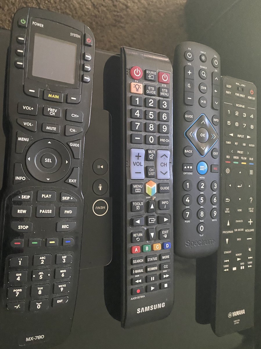 hartmanholder's tweet photo. And my hubby wonders why I struggle with the simple task of turning on the tv. #fiveremotes https://t.co/JYIUTAc9yc