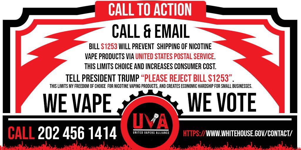 LegionVaping's tweet photo. S1253 will prohibit shipping of vape products via USPS.  This limits choice and increase cost to consumers. Age to vape is 21. This hurts adults, not kids. Call and email @realDonaldTrump. #wevapewevote @parscale @Stepien_Bill Share everywhere. https://t.co/aekFSBqhkA