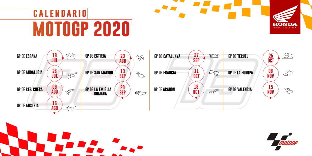 HondaMotosCol's tweet photo. ¡Se vienen meses cargados de motocilismo! Con estas fechas confirmadas se reiniciarán las competencias de #MotoGP, que vuelve el domingo 19 de julio a las 7:00a.m y estaremos apoyando al Repsol Honda Team @HRC_MotoGP 

#MotoGPisBack https://t.co/hKKbXhktFn