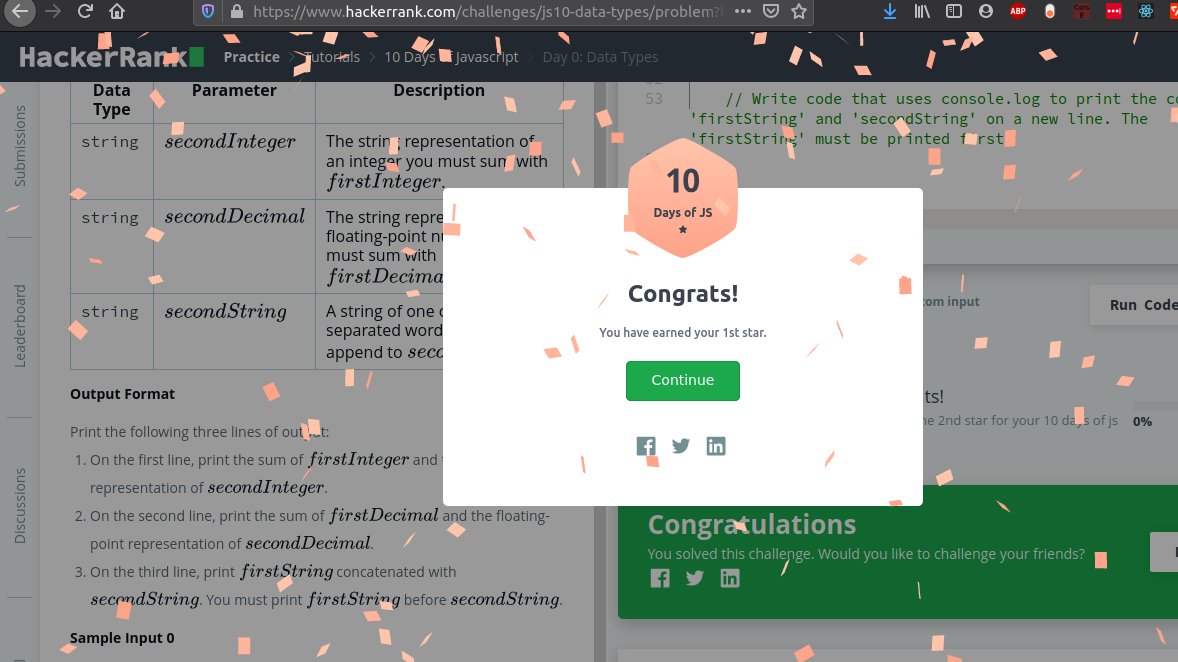 codingboydeepak's tweet image. Success! Just solved Day 0: Data Types on @HackerRank. Can you complete the challenge? hr.gs/1efi #programming
#100DaysOfCode #10daysOfJavascript #CodeNewbie