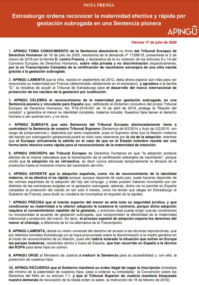 ‼️COMUNICADO ‼️
de valoración de la Sentencia vinculante del Tribunal de Estrasburgo de 16 de julio de 2020

EL TRIBUNAL EUROPEO DE DERECHOS HUMANOS
ORDENA RECONOCER LA MATERNIDAD EFECTIVA Y RÁPIDA POR #GESTACIÓNSUBROGADA
‼️EN SENTENCIA PIONERA‼️

Ratifica su Dictamen de 10.4.19