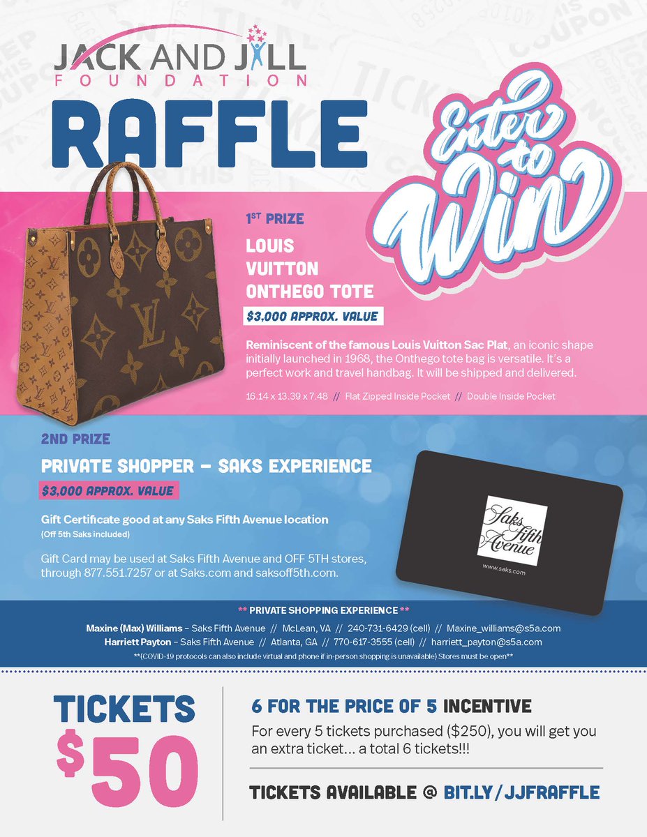 JJAFOUNDATION's tweet photo. Get your raffle ticket(s) for $50/each for a chance to win a LV Tote or $3,000 gift certificate to @saks Proceeds will benefit the JJ College GAP Fund!  https://t.co/Ff1jweDJDN https://t.co/AeVKA0AWQg