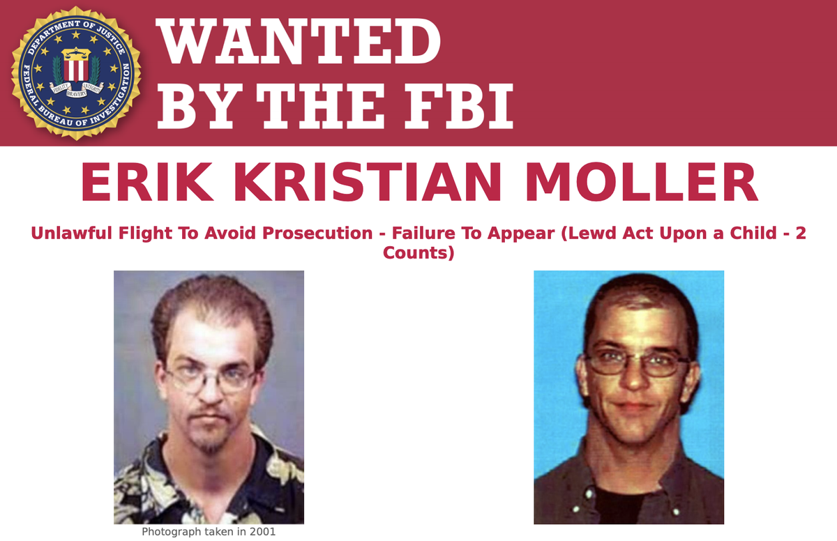 FBI's tweet photo. The #FBI is still seeking Erik Moller, a convicted child molester wanted for failing to appear for sentencing in California in 2003. Submit tips at https://t.co/iL7sD5efWD. #FugitiveFriday @FBILosAngeles https://t.co/ef4GetIJPn https://t.co/HrAtIJLhaG
