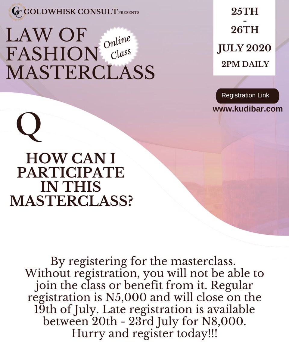 GoldWhisk's tweet photo. Wondering how you can participate in the Law of Fashion Masterclass &amp; what you stand to gain?

We've got your answers for you ❤

Registration Link in our bio
@mandyuzoagba @kudibar @Dee_Lexie https://t.co/iyJqSvwX2J