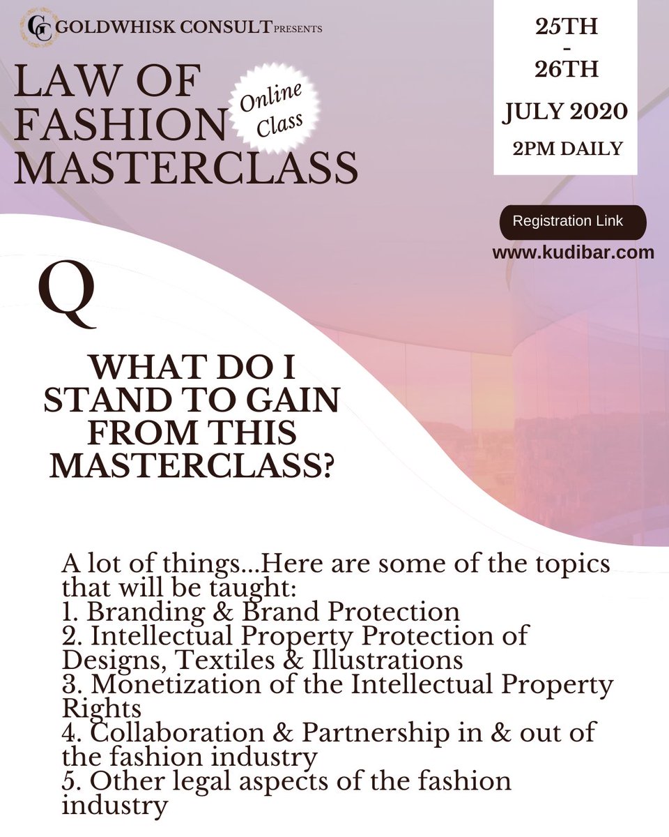 GoldWhisk's tweet photo. Wondering how you can participate in the Law of Fashion Masterclass &amp; what you stand to gain?

We've got your answers for you ❤

Registration Link in our bio
@mandyuzoagba @kudibar @Dee_Lexie https://t.co/iyJqSvwX2J
