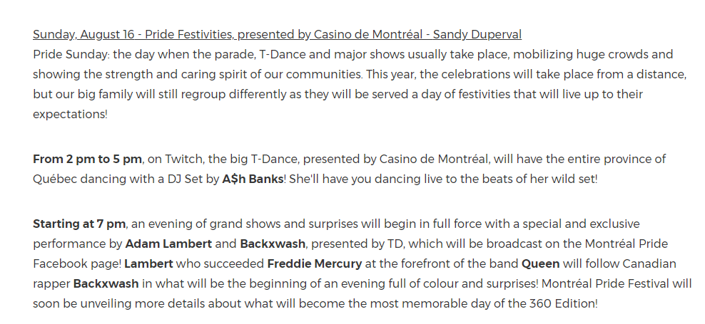 NEW EVENT!/ A SPECIAL AND EXCLUSIVE PERFORMANCE  by <a href="/adamlambert/">ADAM LAMBERT</a>! 👏🙌
Sunday, August 16 - Pride Festivities, presented by Casino de Montréal -will be broadcast on the Montréal Pride Facebook page! #Pride 
newswire.ca/news-releases/…