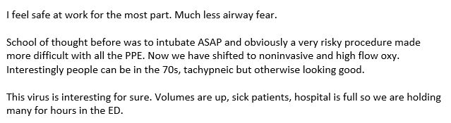 #2. Treatments are evolving. This is from an email from an emergency medicine friend.FYI - oxy = oxygen70s refers to oxygen levels. 70s is very bad and usually buys you an intubation. Normal is high 90s. Tachypneic = breathing really fast 3/x