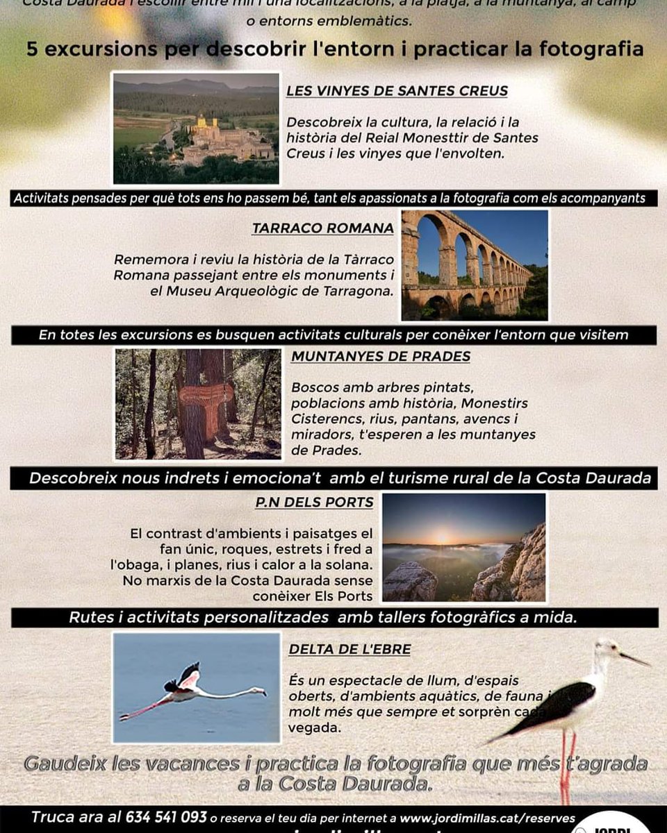 jrdmlls's tweet photo. 5 excursions fotogràfiques per gaudir de la @costadauradatur durant les #Vacances.
Gaudeix del #turismefamiliar i la passió per la #fotografia descobrint nous indrets a la #costadaurada.
Informació al 634 541 093.
Totes les activitats es fan amb mesures prevéntives de #COVID__19 https://t.co/S2hVDhwGQ9