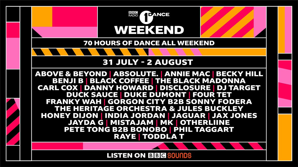 Ibiza may be off but Radio 1 are delivering 70 HOURS OF DANCE between 31st July - 2nd August!!

@aboveandbeyond @BeckyHill @RealBlackCoffee @blackmadonnachi @Carl_Cox @disclosure @DukeDumont @FourTet @GorgonCity @MarcKinchen @si_bonobo @raye + more! #danceweekend