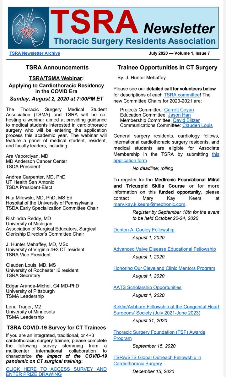 TSRA_official's tweet photo. Our July Newsletter is out, with important information on how to get involved during the new academic year! Also content focused on medical students applying to CT residency &amp; a full list of the new TSRA EC members &amp; new committee chairs. Full Newsletter: https://t.co/IOsn7TLhQN https://t.co/5e9NSrJpho