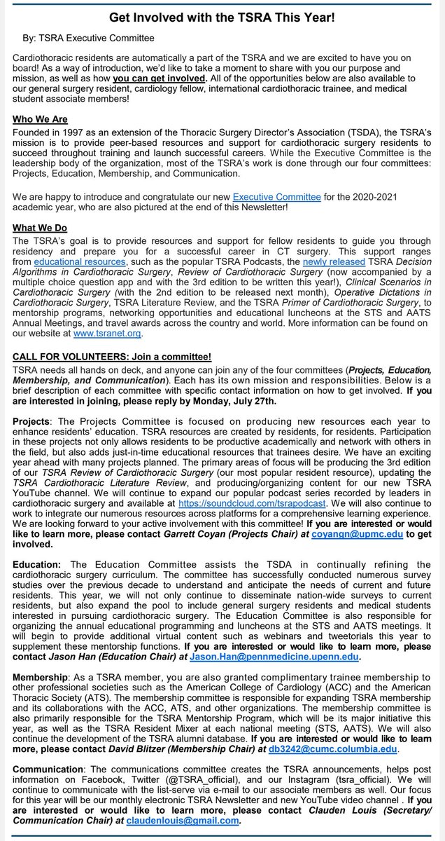 TSRA_official's tweet photo. Our July Newsletter is out, with important information on how to get involved during the new academic year! Also content focused on medical students applying to CT residency &amp; a full list of the new TSRA EC members &amp; new committee chairs. Full Newsletter: https://t.co/IOsn7TLhQN https://t.co/5e9NSrJpho
