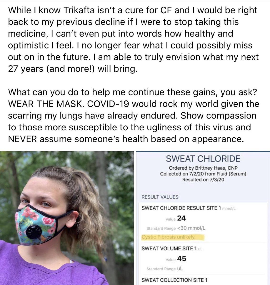 shelbuck11's tweet photo. If anyone is anti-mask bc u think it won’t save u from the virus, pls consider ppl like my best friend, Amanda, that battles Cystic Fibrosis. She, &amp; others w/ CF, fight this chronic illness every day &amp; COVID would make her fight 100x harder. Be compassionate, wear a mask! 
😷💪 https://t.co/YuF27l1xTF