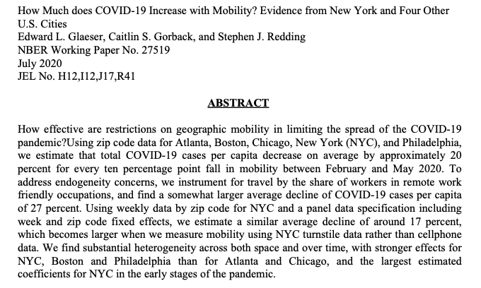 CGorback's tweet photo. New @nberpubs wp with @ReddingEcon and Ed Glaeser on how travel (measured by @SafeGraph data) impacts the spread of COVID19 in NYC, Philly, Boston, Chicago and Atlanta. We find that a 10pp decline in travel mobility is associated with a 17-27% drop in cases per person (CPP). 
1/7 https://t.co/A1tsYRdz3R
