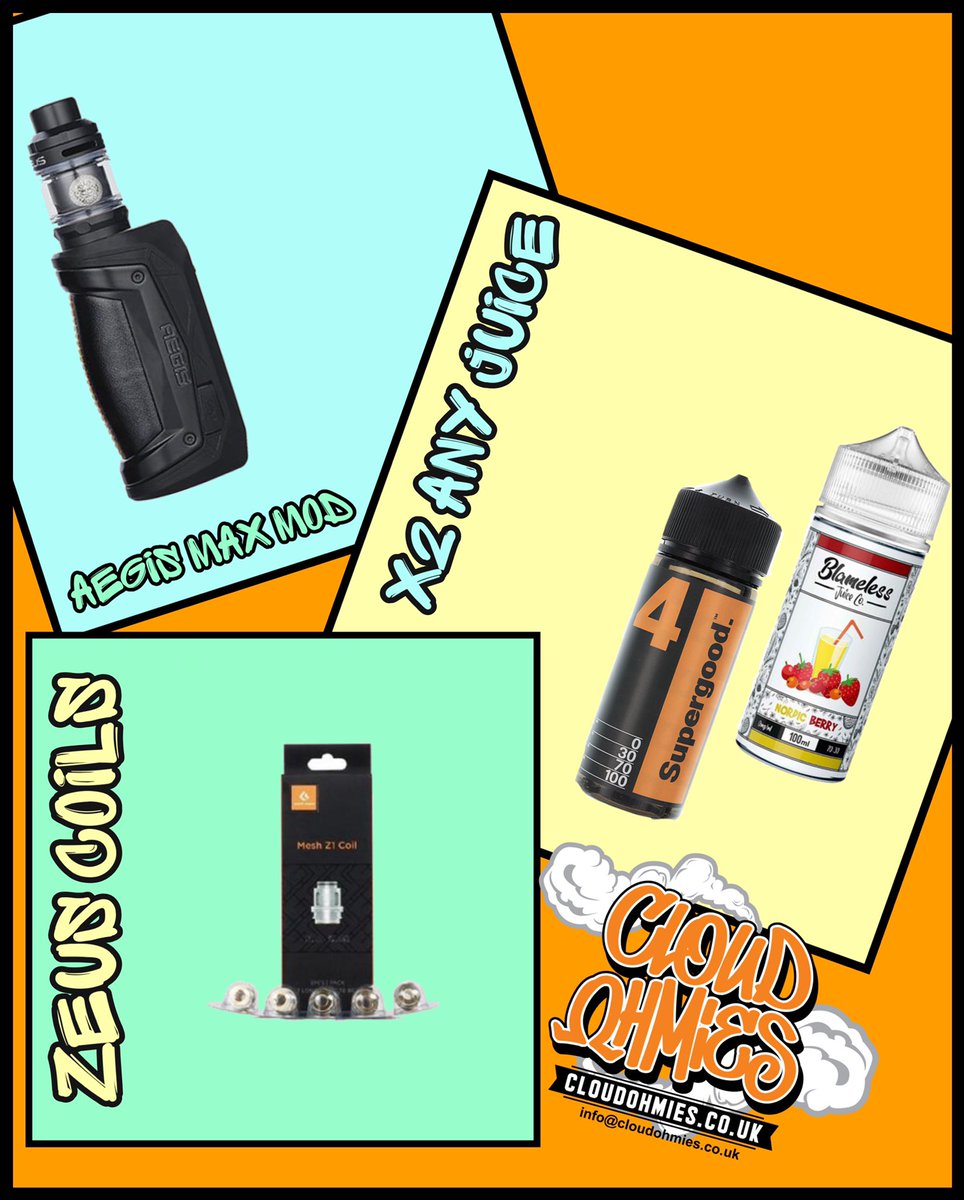 cloudohmies's tweet image. This is what the @geekvapetech Aegis max deal looks like what the mod, any 2 juices and a pack of Zeus coils, apply code MAX and get 55% of the juice and coils....simples! finish’s Sunday #ukvape #vapedeals #vapeshop #vaping