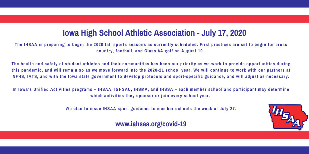 The IHSAA is preparing to begin the 2020 fall sports seasons as currently scheduled. 
➡️ iahsaa.org/covid-19/