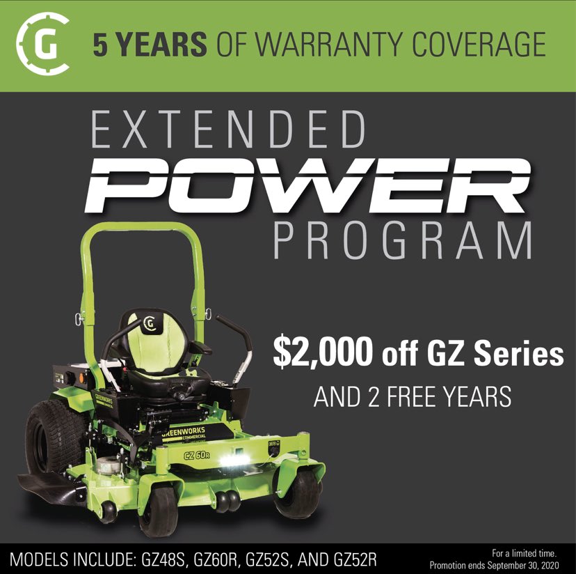 Caseylrand's tweet photo. Check our the awesome savings on our @greenworkstools GZ series zero-turn mowers - $2k in savings and a 2 year extended warranty, now through September 30th, 2020!! #batterypowered #commercialgrade #greenworks #earthday https://t.co/siKYLB5jB2