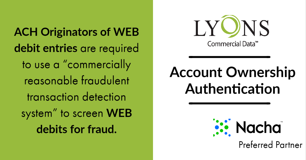 lyonsdata's tweet photo. Get instant #fraud prevention for #ach transaction processing with the new bank account verification tool from #Lyons.  Verify consumer and business bank accounts and stay compliant with #nacha rules changes. Read more https://t.co/Kdc6oUWghd https://t.co/Jscy8WfAmS