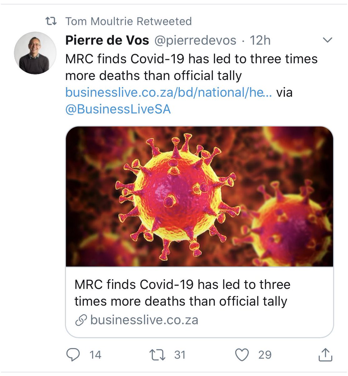 Kalytix's tweet photo. @geoffreyyork @zebalon_CULE Geoff, you should note that people like Tom Moultrie are happily rewriting stories that falsely equate total excess deaths to Covid deaths. The SAMRC report (that he wrote!) does NOT do that https://t.co/gv1LCJ5W7b