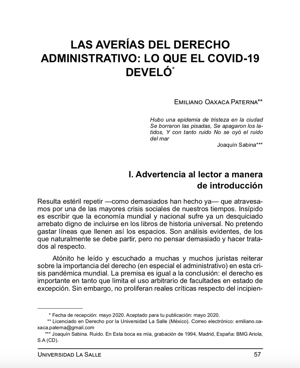 emiliano0axaca's tweet photo. Con mucho gusto les comparto que colaboré en la edición 35 de la Revista Académica de la Facultad de Derecho de @LaSalle_MX.

En esta edición, se dedicaron varios artículos al #COVIDー19. Yo hice un análisis sobre las "averías del derecho administrativo" ante esta pandemia. https://t.co/LMOSbK7vOF