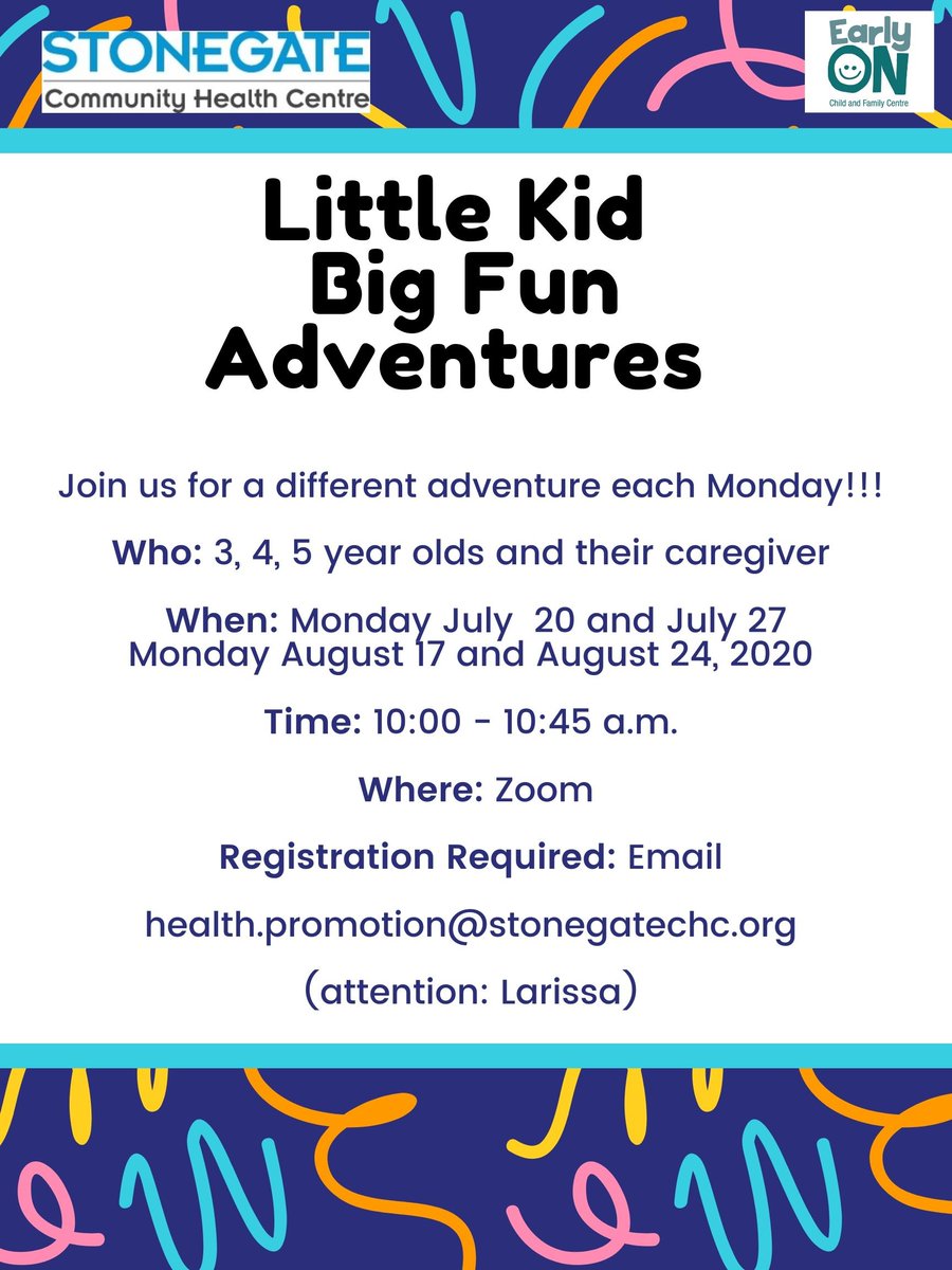 StonegateCHC's tweet photo. Little kid, big fun adventures is one of the various summer programs being offered through Stonegate CHC's Family Programs. Registration is required. https://t.co/ffjcPefAUP