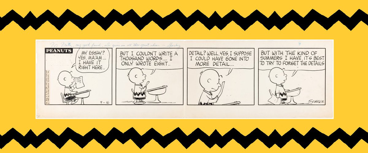 HakesAuctions's tweet photo. SOLD FOR $15,930! @HakesAuctions recently sold not 1, but 3 pieces of 1960s #CharlesSchulz #comicart. This 1965 #comicstrip shows #CharlieBrown bemoaning #summervacation drew many bids! Contact us today to sell your @Snoopy art!
#Peanuts #dailystrip #ComicArtFans #PeanutsFans https://t.co/iquGsh144i
