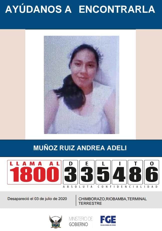 #PatrullaDigital | AYÚDANOS a buscar a Andrea Adeli Muñoz Ruiz (15 años), quien posee el 80% de discapacidad intelectual y se encuentra desaparecida desde el 4 de julio
La última vez fue vista en las calles Orozco y Arrayanes, sector del Terminal Terrestre #Riobamba #Chimborazo