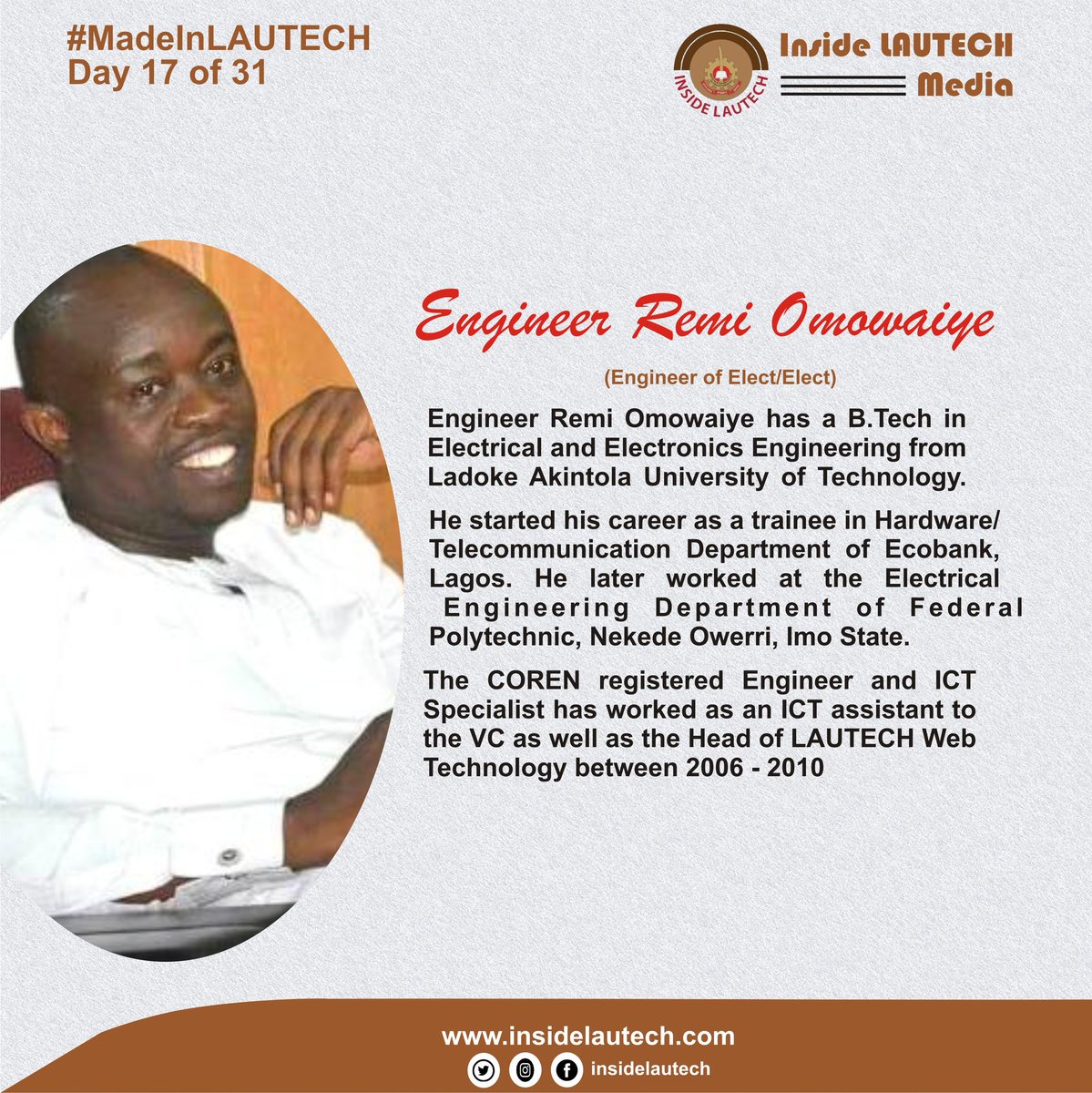 NYSCbro's tweet photo. Day 17 of 31 - Engineer Remi Omowaiye @remiteo was an ICT assistant to the VC and Head of LAUTECH Web Technology. He has a https://t.co/E7D6RYwBOb degree in Electrical and Electronics Engineering. #madeinLAUTECH #insideLautech #proudlyLadokite. https://t.co/6Q99oxtXOW
