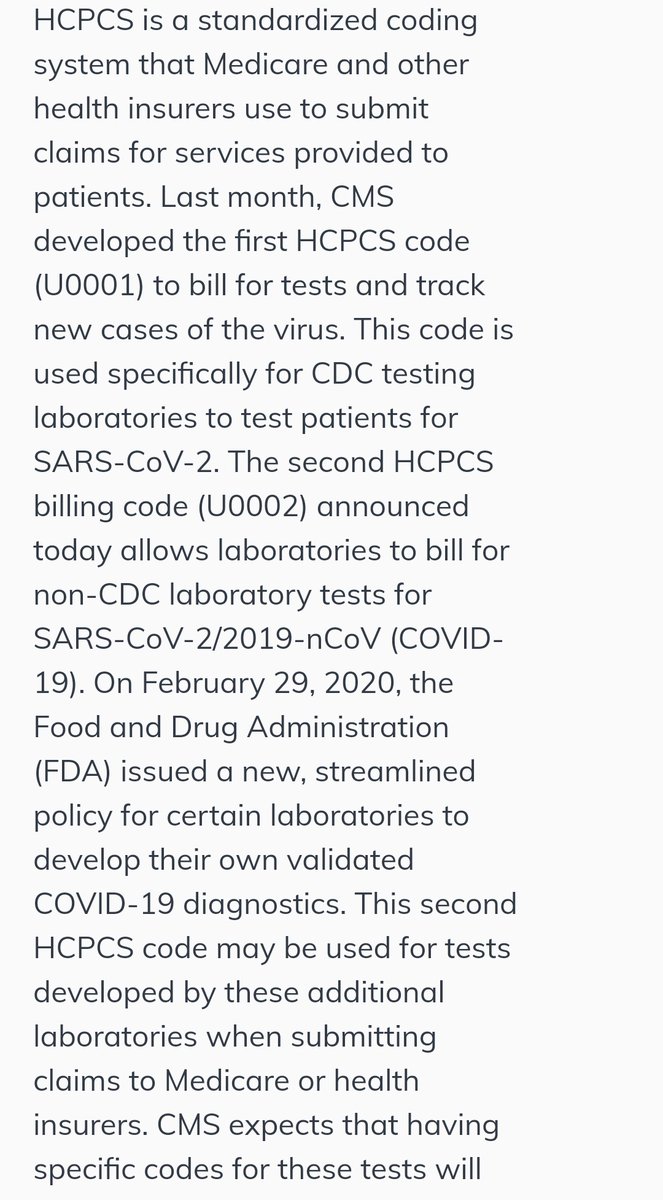 HCPCS coding for billing of COVID-19.  https://www.cms.gov/newsroom/press-releases/cms-develops-additional-code-coronavirus-lab-tests