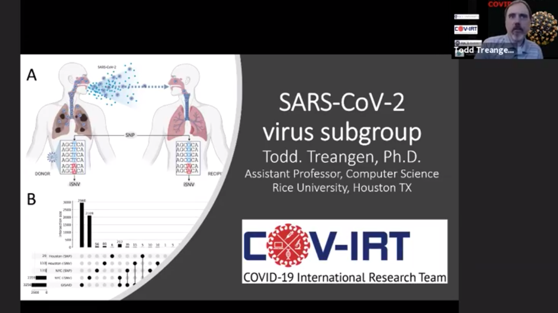 Covirt19's tweet photo. Dr. Treangen @traingene @RiceCompSci is introducing the #Virus Subgroup @Covirt19 and presenting exciting data on #transmission #SNPs #iSNVs 🦠

- data on BioRxiv: https://t.co/pa01DxwEVm

👉2nd annual @Covirt19 symposium! #COVID__19 #covirt2 @Covirt19 #COVID19 #SARSCoV2 https://t.co/nfNmV8TXKy