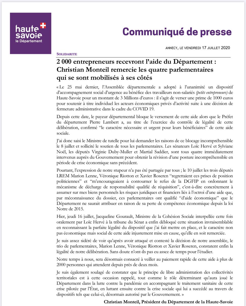 Communiqué de presse du <a href="/Dep_74/">Département de la Haute-Savoie</a> : 2 000 entrepreneurs recevront l’aide du Département grâce à la mobilisation de Christian Monteil et de quatre parlementaires <a href="/DubyMuller/">Virginie Duby-Muller</a> <a href="/noel_sylviane/">Sylviane NOËL, Sénatrice de la Haute-Savoie</a> <a href="/loichervepublic/">Loïc Hervé, Sénateur de la Haute-Savoie 🇪🇺🇫🇷</a>