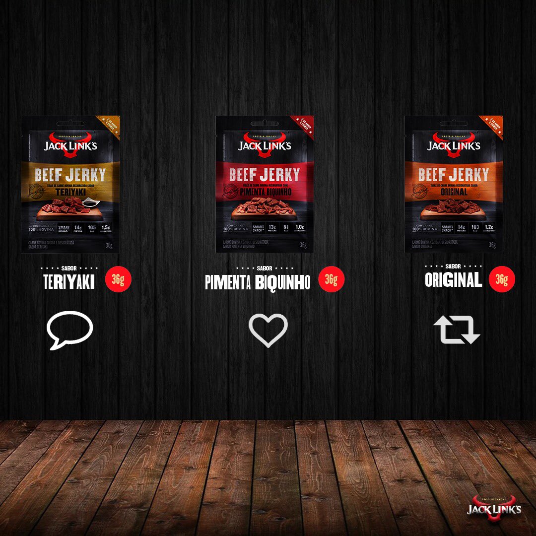 jacklinksbr's tweet photo. Qual é o seu sabor favorito de Jack Link’s Beef Jerky? Conta pra gente e concorra a um kit do seu sabor favorito! 🥩😋 #jacklinksbr #jacklinks #proteinsnacks #beefjerky #JLBJOriginal #JLBJTeriyaki #JLBJBiquinho #JLBJ https://t.co/iK6kpHwPcn